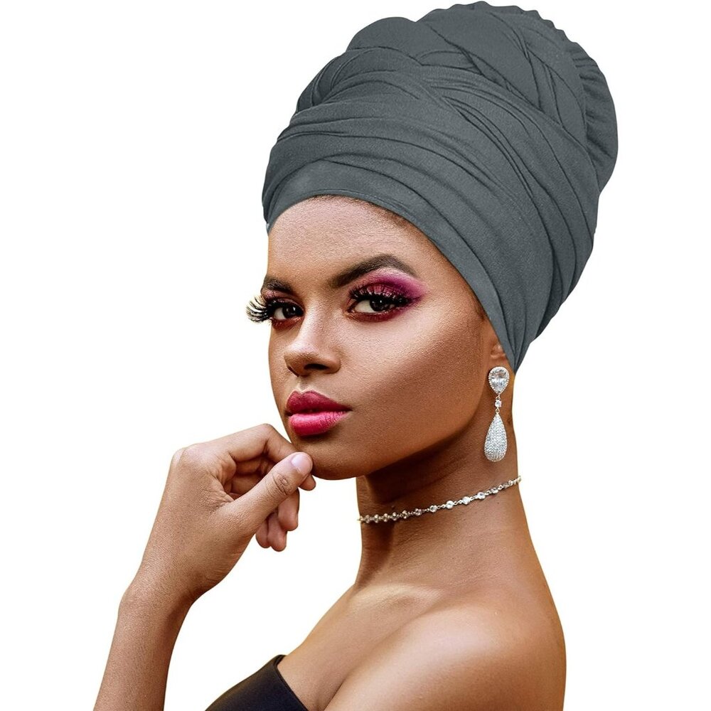 Gray Ankara Jersey Knit Headwrap – Soft, Long Stretchy African Wrap Turban/Scarf